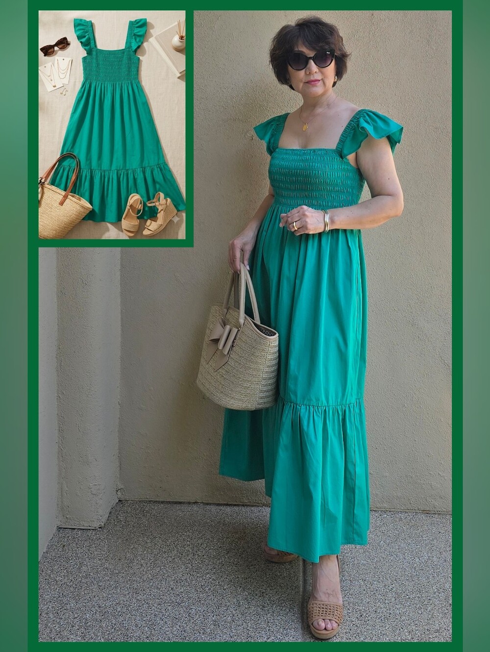 EUC o.p.t. Vibrant Green Smocked Bodice Cotton Maxi Dress w/Ruffle Straps, S